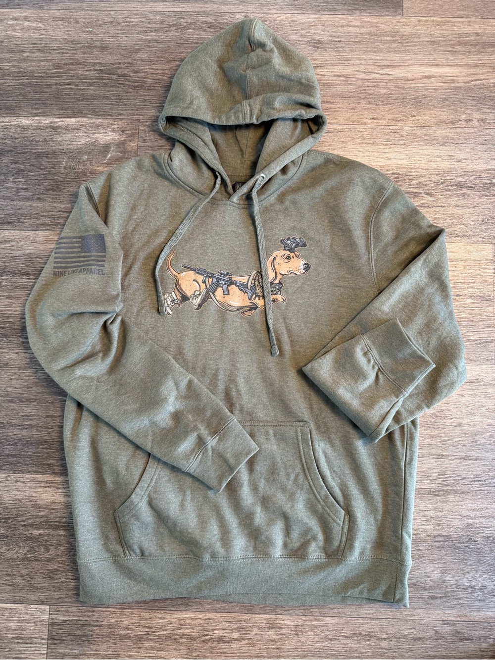 District Olive Green Hooded Pullover Sweatshirt with Dachshund Graphic